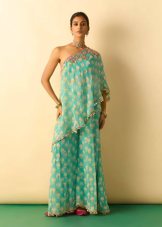 Aqua floral foil one-shoulder fusion set