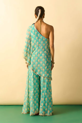 Aqua floral foil one-shoulder fusion set