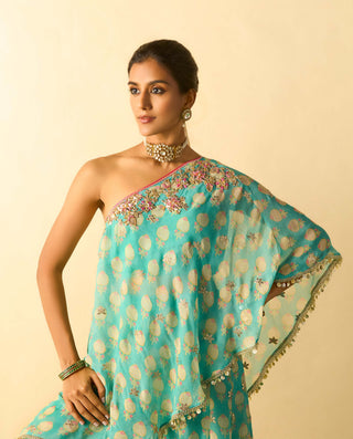 Aqua floral foil one-shoulder fusion set