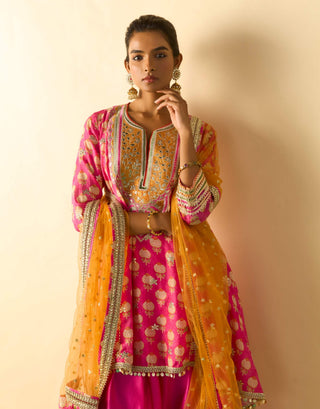 Rani pink aqua high-low fusion kurta and pants
