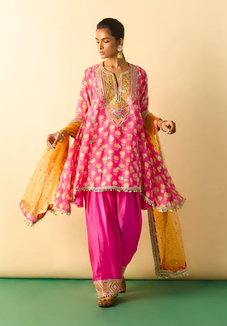 Rani pink aqua high-low fusion kurta and pants