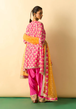 Rani pink aqua high-low fusion kurta and pants