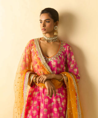 Rani pink gold booti anarkali set
