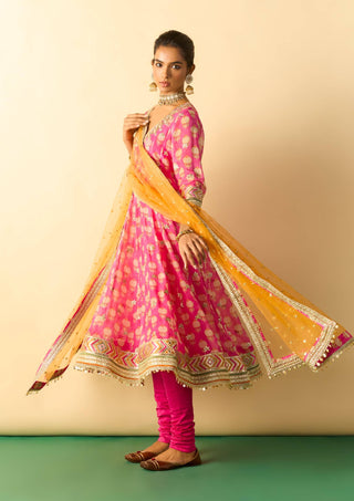 Rani pink gold booti anarkali set