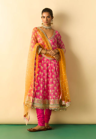 Rani pink gold booti anarkali set