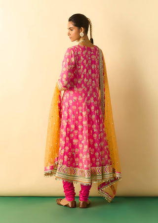 Rani pink gold booti anarkali set
