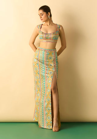Aqua fuchsia geometric slit skirt fusion set