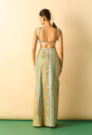 Aqua fuchsia geometric slit skirt fusion set