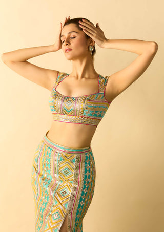 Aqua fuchsia geometric slit skirt fusion set