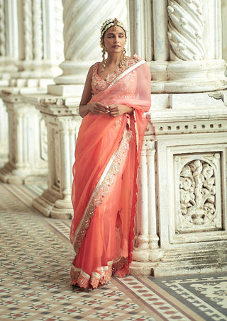 Gopi Vaid-Uzvi Coral Sari And Blouse-INDIASPOPUP.COM