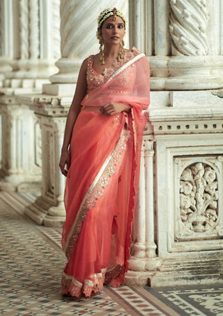 Gopi Vaid-Uzvi Coral Sari And Blouse-INDIASPOPUP.COM