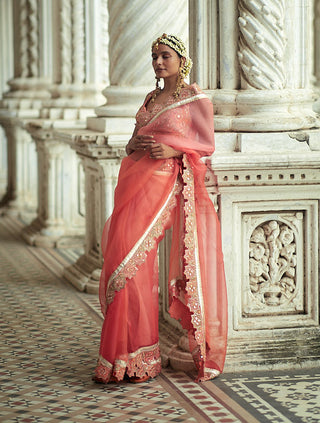 Gopi Vaid-Uzvi Coral Sari And Blouse-INDIASPOPUP.COM