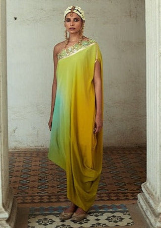 Gopi Vaid-Swastika Green One-Shoulder Dress And Belt-INDIASPOPUP.COM