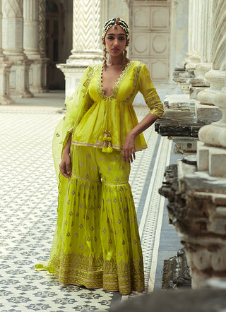 Gopi Vaid-Bousni Lime Green Gharara Set-INDIASPOPUP.COM