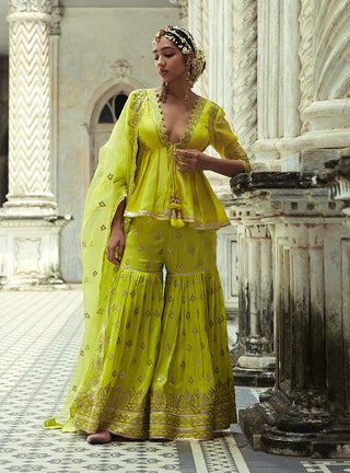 Gopi Vaid-Bousni Lime Green Gharara Set-INDIASPOPUP.COM