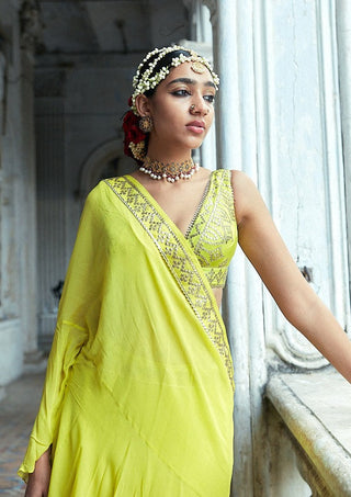 Gopi Vaid-Abshar Green Chiffon Sari And Blouse-INDIASPOPUP.COM