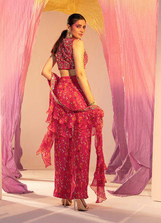 Silky Bindra-Rani Pink Printed Blouse And Pant Set-INDIASPOPUP.COM