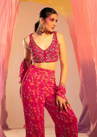 Silky Bindra-Rani Pink Printed Blouse And Pant Set-INDIASPOPUP.COM