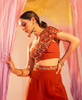 Silky Bindra-Rust Orange Embroidered Blouse And Palazzo-INDIASPOPUP.COM