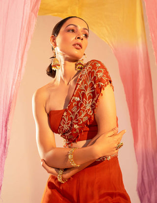 Silky Bindra-Rust Orange Embroidered Blouse And Palazzo-INDIASPOPUP.COM