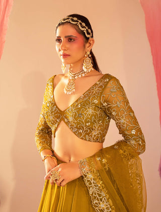 Silky Bindra-Mehendi Green Frilled Lehenga Set-INDIASPOPUP.COM