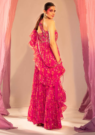 Silky Bindra-Rani Pink Printed Anarkali And Dupatta-INDIASPOPUP.COM