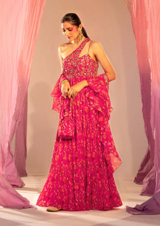 Silky Bindra-Rani Pink Printed Anarkali And Dupatta-INDIASPOPUP.COM
