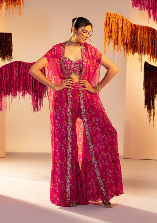 Silky Bindra-Rani Pink Printed Cape And Pant Set-INDIASPOPUP.COM