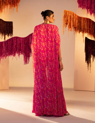 Silky Bindra-Rani Pink Printed Cape And Pant Set-INDIASPOPUP.COM