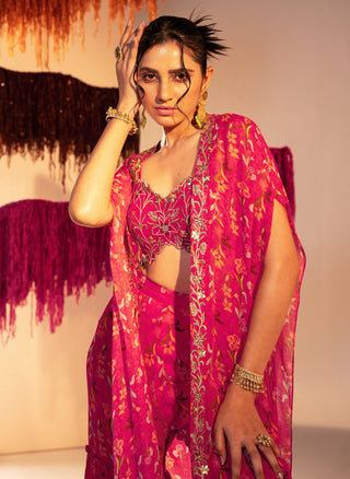 Silky Bindra-Rani Pink Printed Cape And Pant Set-INDIASPOPUP.COM