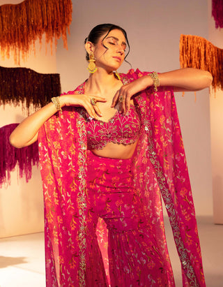 Silky Bindra-Rani Pink Printed Cape And Pant Set-INDIASPOPUP.COM