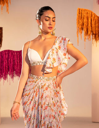 Silky Bindra-White Printed Draped Sari Set-INDIASPOPUP.COM