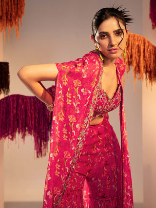 Silky Bindra-Rani Pink Printed Cape And Pant Set-INDIASPOPUP.COM