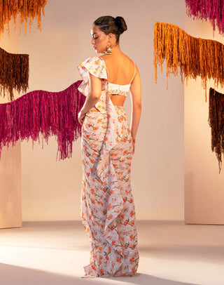 Silky Bindra-White Printed Draped Sari Set-INDIASPOPUP.COM