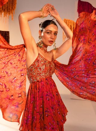 Silky Bindra-Rust Orange Printed Peplum Gharara Set-INDIASPOPUP.COM