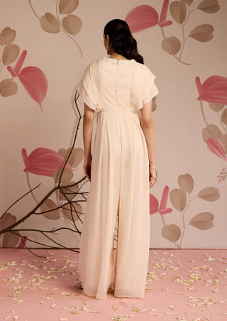 Ivory embellished full-length pleated jumpsuit