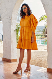 House Of Fett-Mandarin Yellow Tiered Dress-INDIASPOPUP.COM