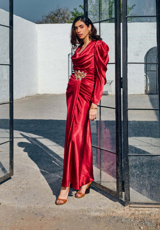 House Of Fett-Ruby Pleated Draped Gown-INDIASPOPUP.COM