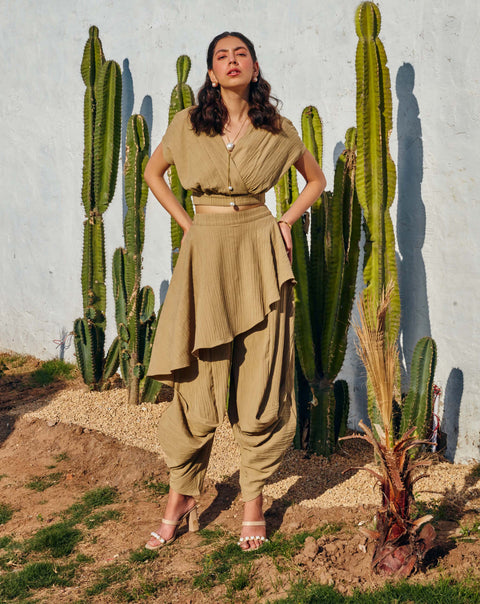 House Of Fett-Cato Beige Draped Top And Pants-INDIASPOPUP.COM