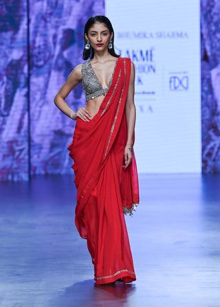 Bhumika Sharma-Red 6 Yard Sari And Blouse-INDIASPOPUP.COM