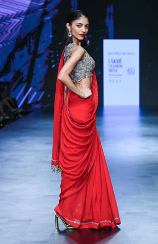 Bhumika Sharma-Red 6 Yard Sari And Blouse-INDIASPOPUP.COM