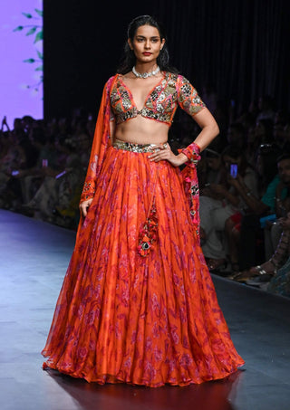 Mahima Mahajan-Swara Orange Printed Lehenga Set-INDIASPOPUP.COM