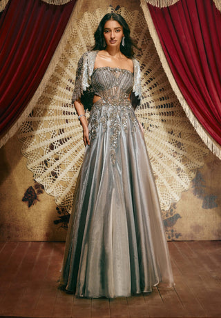 Hazel charcoal grey gown with cape