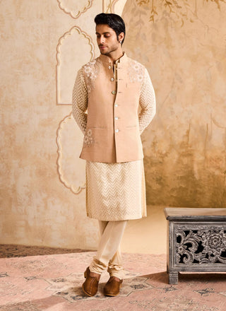 Histori By Amit Gujral Beige 3D Floral Bundi And Kurta Set available on indiaspopup