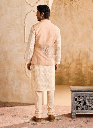 Beige 3d floral bundi and kurta set