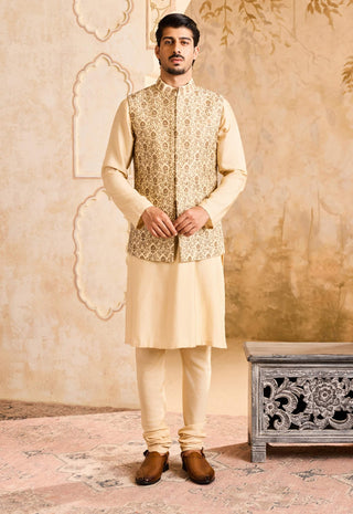 Beige embroidered bundi jacket and kurta set