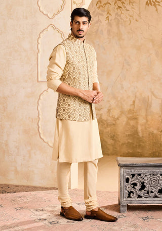 Histori By Amit Gujral Beige Embroidered Bundi Jacket And Kurta Set available on indiaspopup