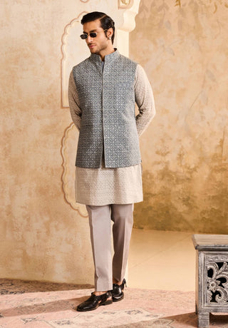 Gray embroidered mirrorwork bundi jacket and kurta set