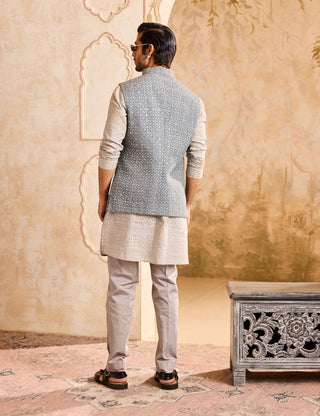 Gray embroidered mirrorwork bundi jacket and kurta set