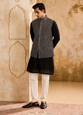 Histori By Amit Gujral Black & White Embroidered Bundi Jacket And Kurta Set available on indiaspopup